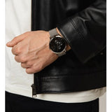 AX2714-3 men's watch on wrist, black leather jacket