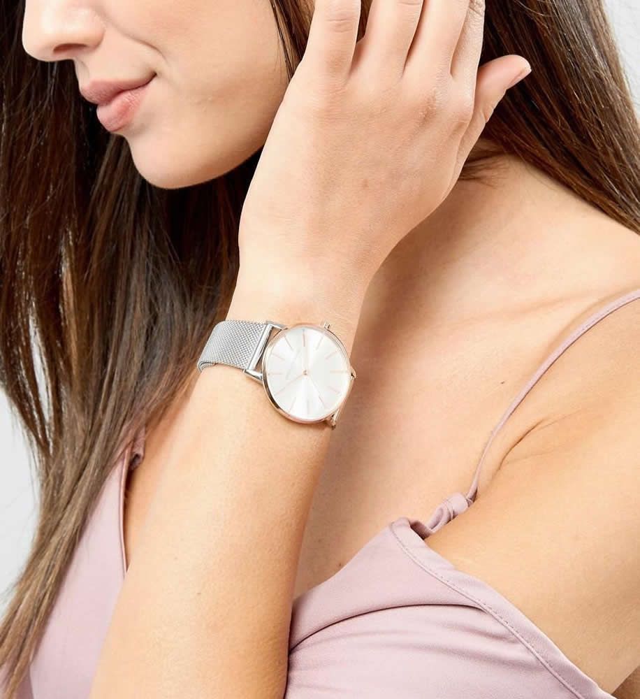AX5537-5 Silver watch on woman's wrist