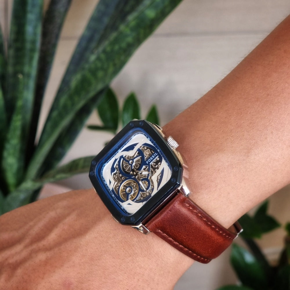 Fossil Inscription Automatic Skeleton Blue Dial Brown Leather Strap Watch for Men - BQ2571