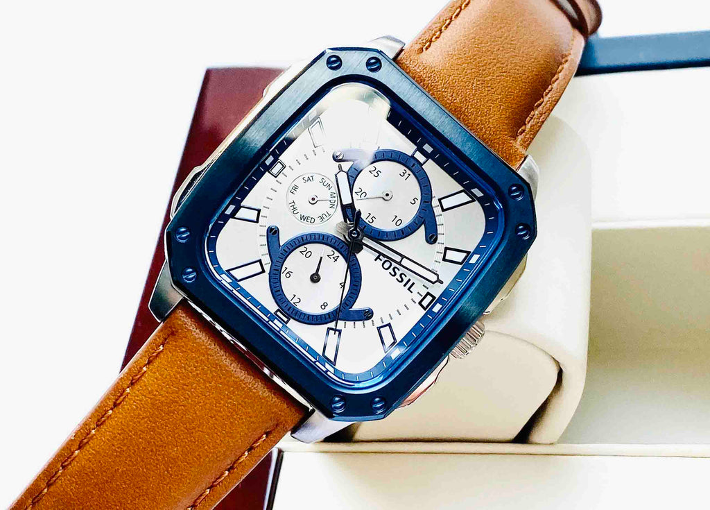 Fossil Inscription Multifunction Silver Dial Brown Leather Strap Watch for Men - BQ2658