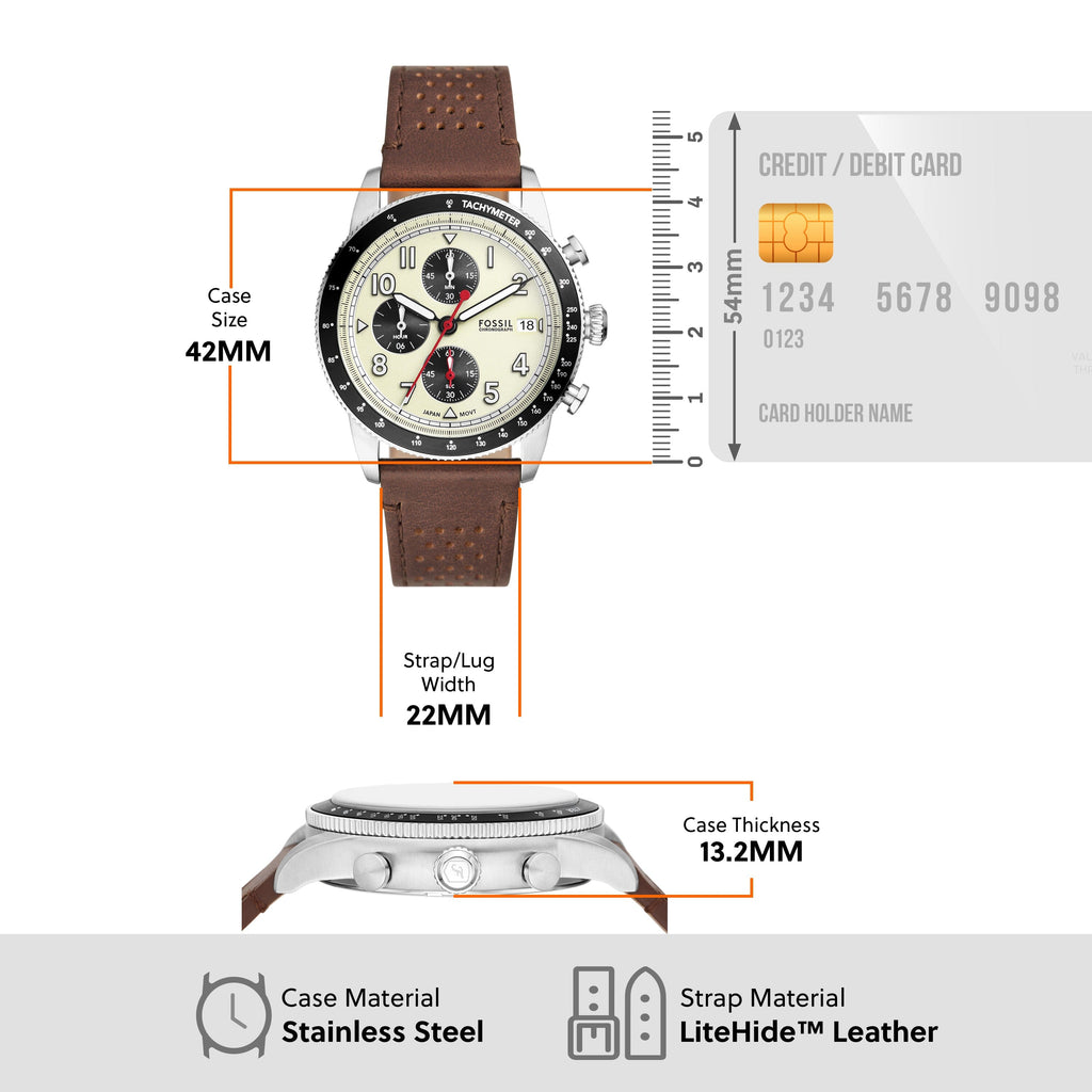 FS6042-3P-11 watch with 42mm case, leather strap, and dimensions.