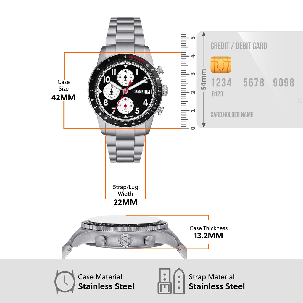 Fossil Sport Tourer Chronograph Black Dial Silver Steel Strap Watch for Men - FS6045