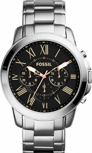 Fossil Grant Chronograph Black Dial Silver Steel Strap Watch for Men - FS4994