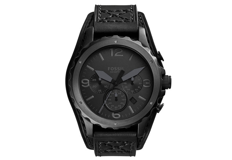 Fossil Nate Chronograph Black Dial Black Leather Strap Watch for Men - JR1510