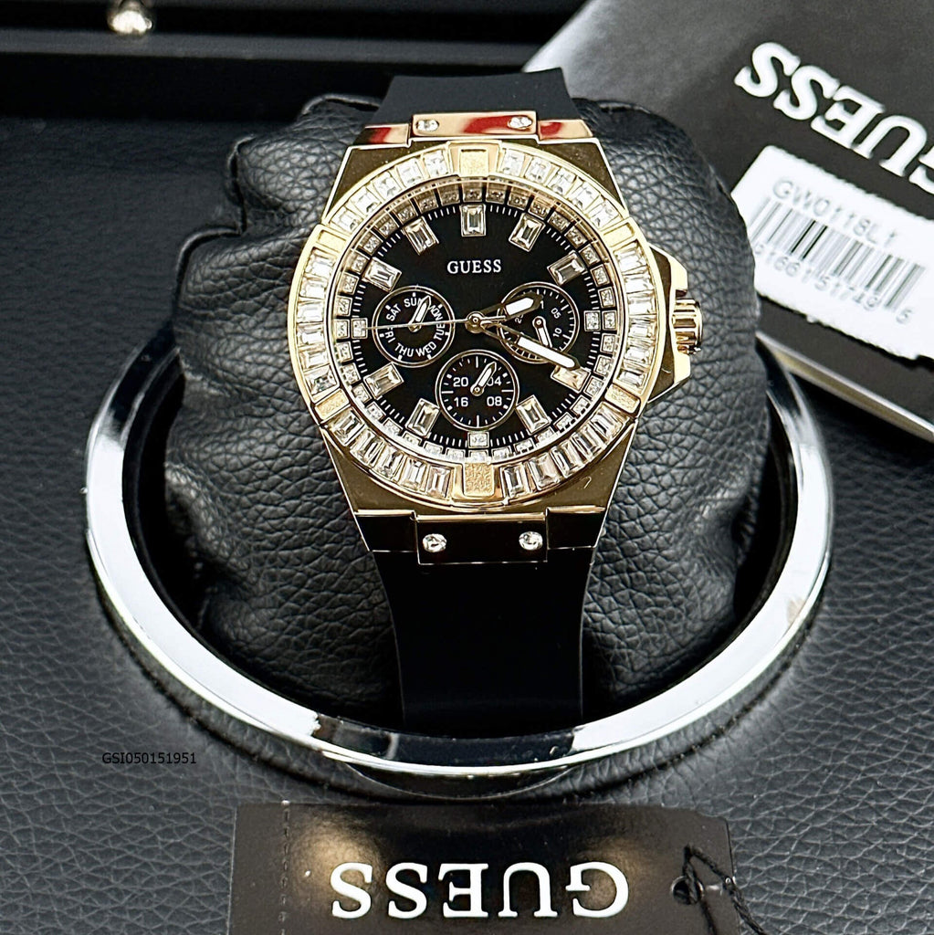 Guess Baguette Crystals Black Dial Black Silicone Strap Watch For Men - GW0208G1