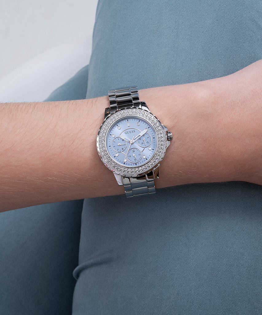 Guess Bedazzle Diamonds Silver Dial Silver Steel Strap Watch For Women - W1097L1