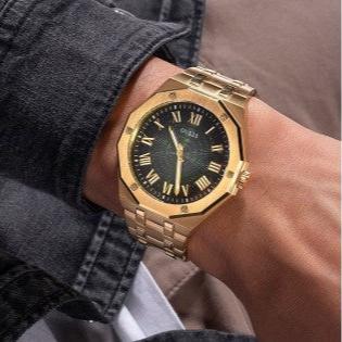 Guess Asset Quartz Green Dial Gold Steel Strap Watch For Men - GW0575G2