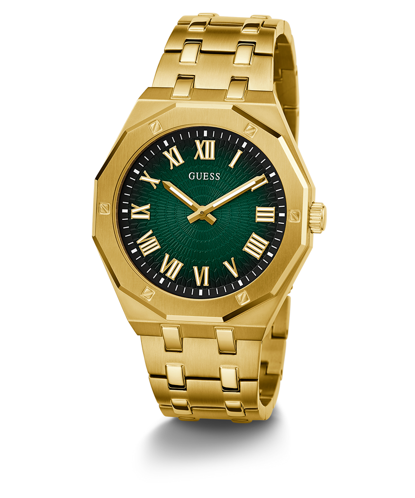 Guess Asset Quartz Green Dial Gold Steel Strap Watch For Men - GW0575G2