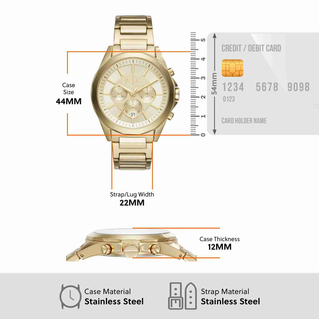 44mm case, 22mm strap, stainless steel.