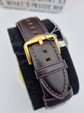 Brown leather watch strap with gold buckle