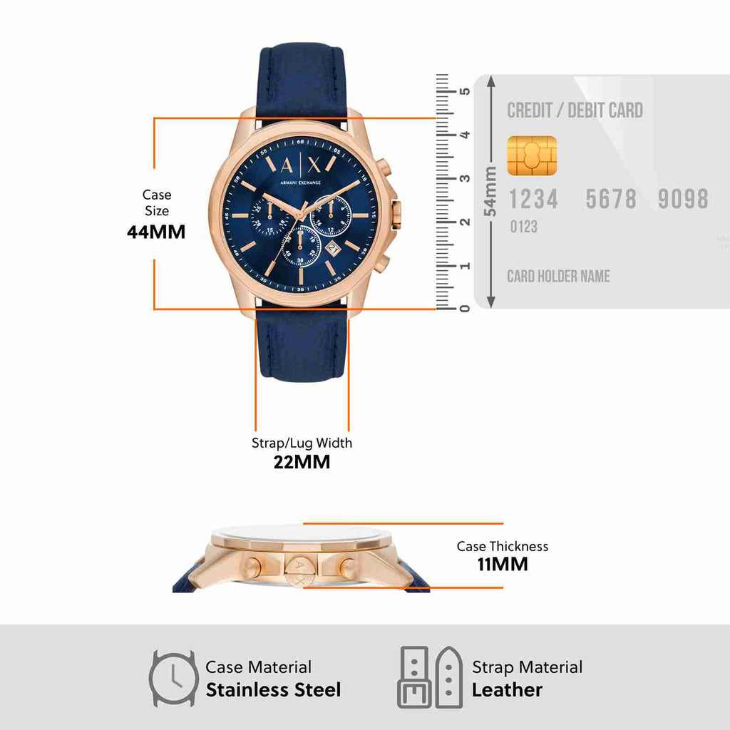 44mm case, blue leather strap.