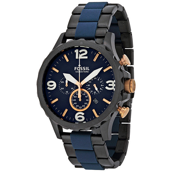 Fossil Nate Chronograph Blue Dial Two Tone Steel Strap Watch for Men - JR1494