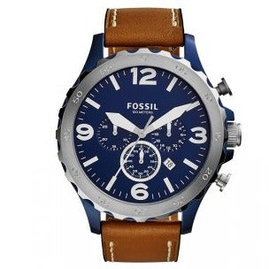 Fossil Nate Chronograph Navy Blue Dial Brown Leather Strap Watch for Men - JR1504
