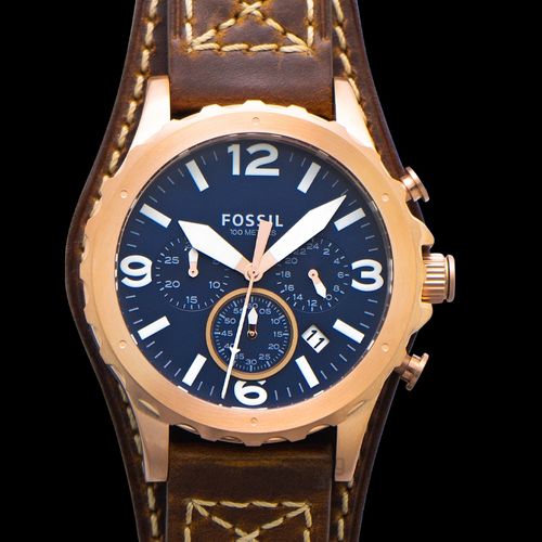 Fossil Nate Chronograph Blue Dial Brown Leather Strap Watch for Men - JR1505