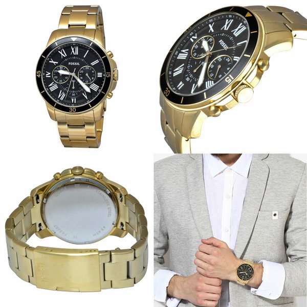 Fossil Inscription Automatic Black Dial Gold Steel Strap Watch for Men - FS5267