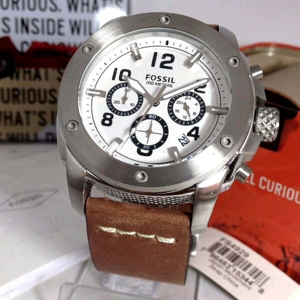 Fossil Modern Machine White Dial Brown Leather Strap Watch for Men - FS4929