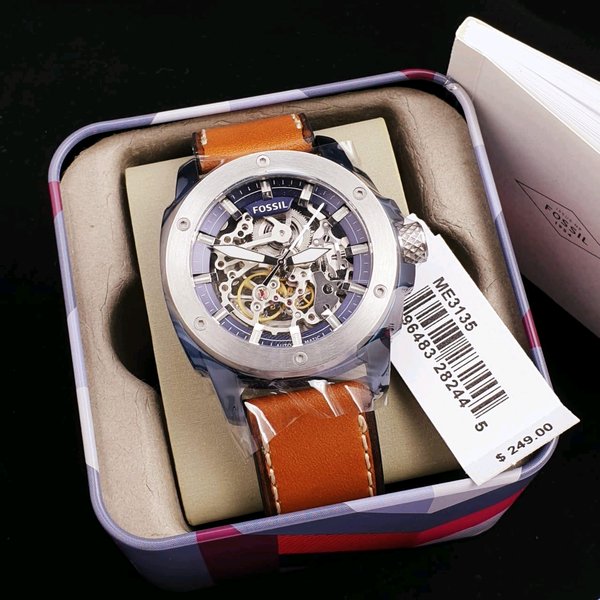 Fossil Modern Machine Automatic Skeleton Silver Dial Brown Leather Strap Watch for Men - ME3135