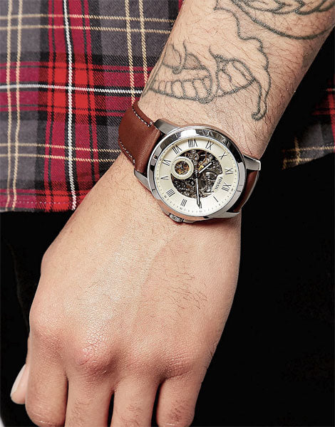 Fossil Grant Automatic White Dial Brown Leather Strap Watch for Men - ME3052