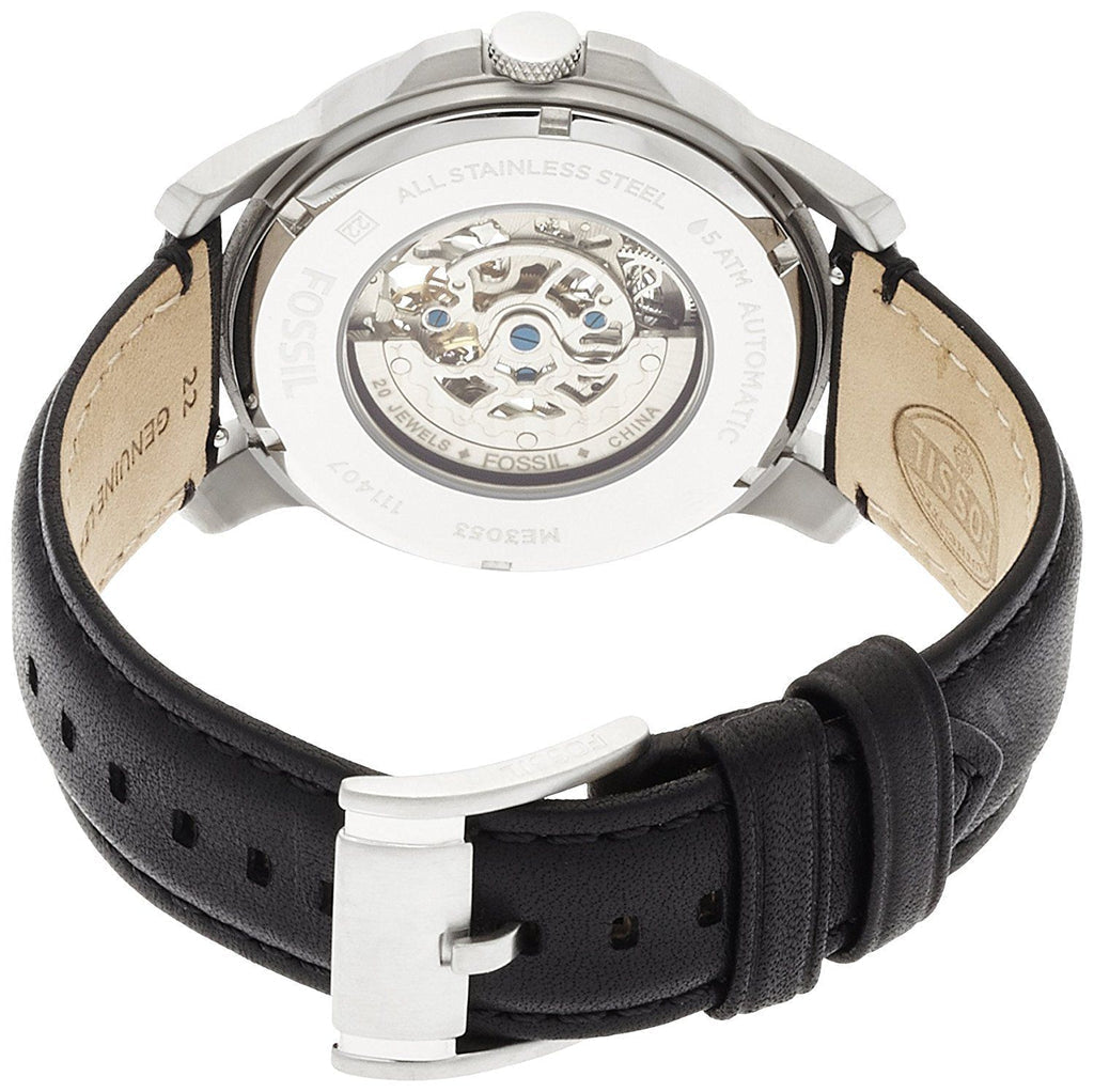 Fossil Grant Skeleton White Dial Black Leather Strap Watch for Men -  ME3053