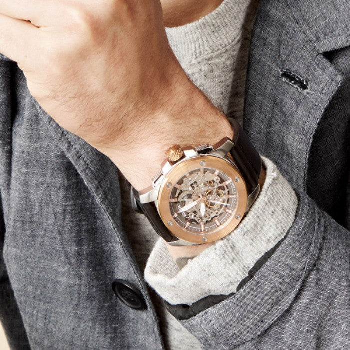 Fossil Modern Machine Automatic Skeleton Dial Black Leather Strap Watch for Men - ME3082