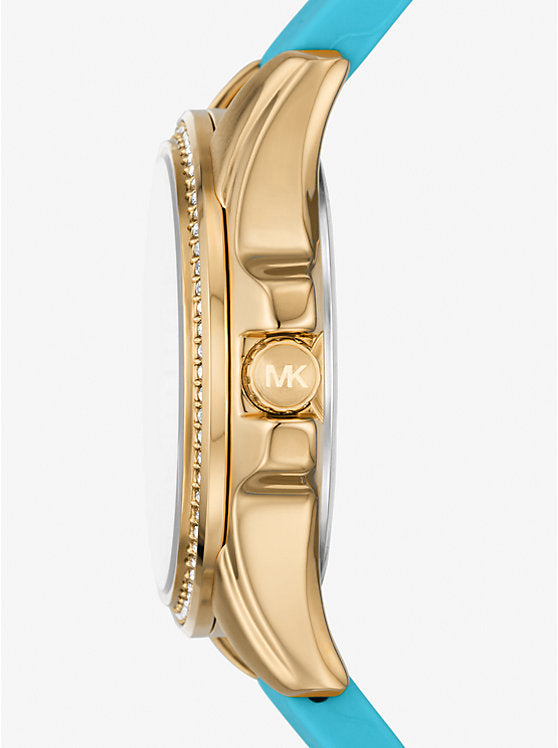 Michael Kors Mini Pilot Quartz Gold Dial Blue Silicone Strap Watch For Women - MK7374