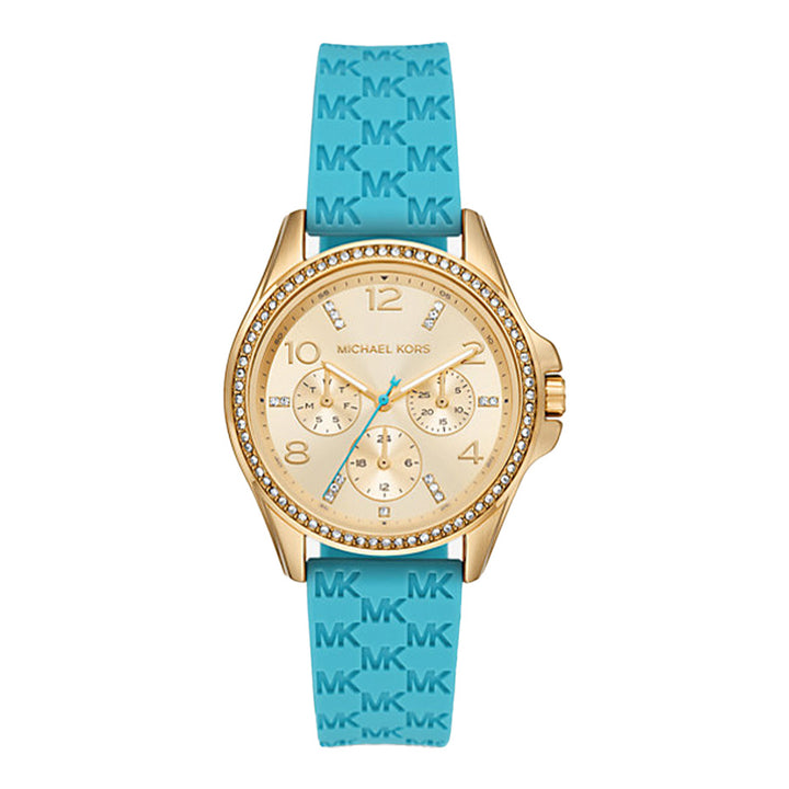 Michael Kors Mini Pilot Quartz Gold Dial Blue Silicone Strap Watch For Women - MK7374