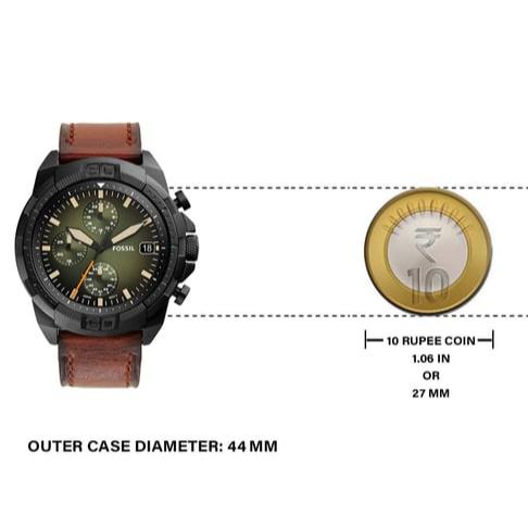 Fossil men's watch with brown leather strap and 10 Rupee coin comparison.