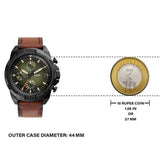 Fossil men's watch with brown leather strap and 10 Rupee coin comparison.