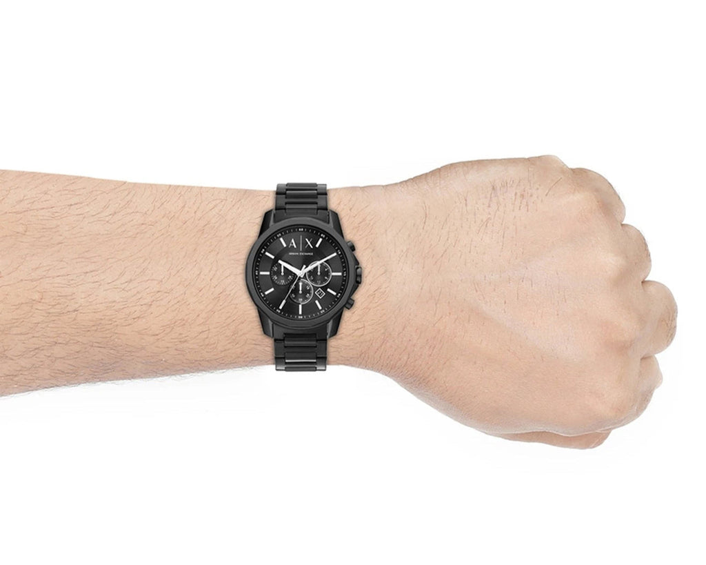 Black wristwatch on wrist