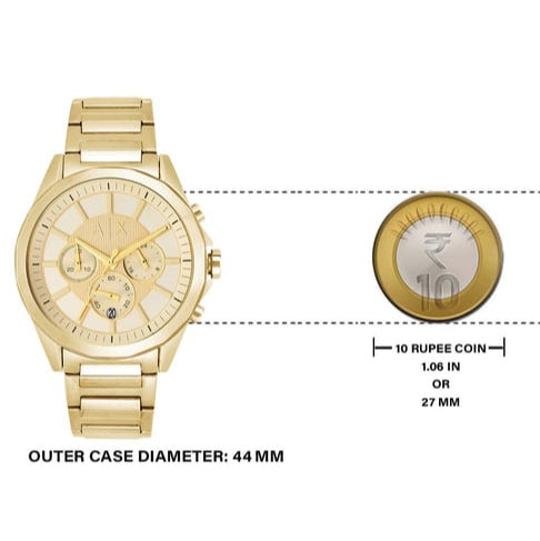 Gold wristwatch with 44mm diameter, next to 10 Rupee coin for scale.