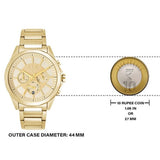 Gold wristwatch with 44mm diameter, next to 10 Rupee coin for scale.