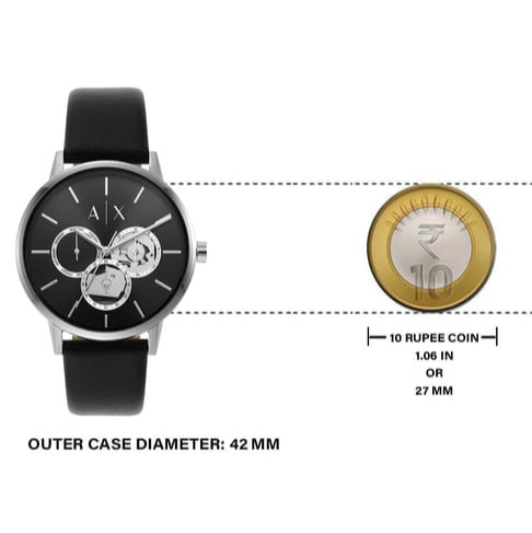 AX watch with black strap and 10 rupee coin comparison