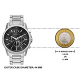 Armani Exchange silver watch with black face, 44mm, next to a 10 rupee coin.