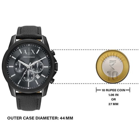 Armani Exchange men's watch with 44mm case, next to a 10 rupee coin.