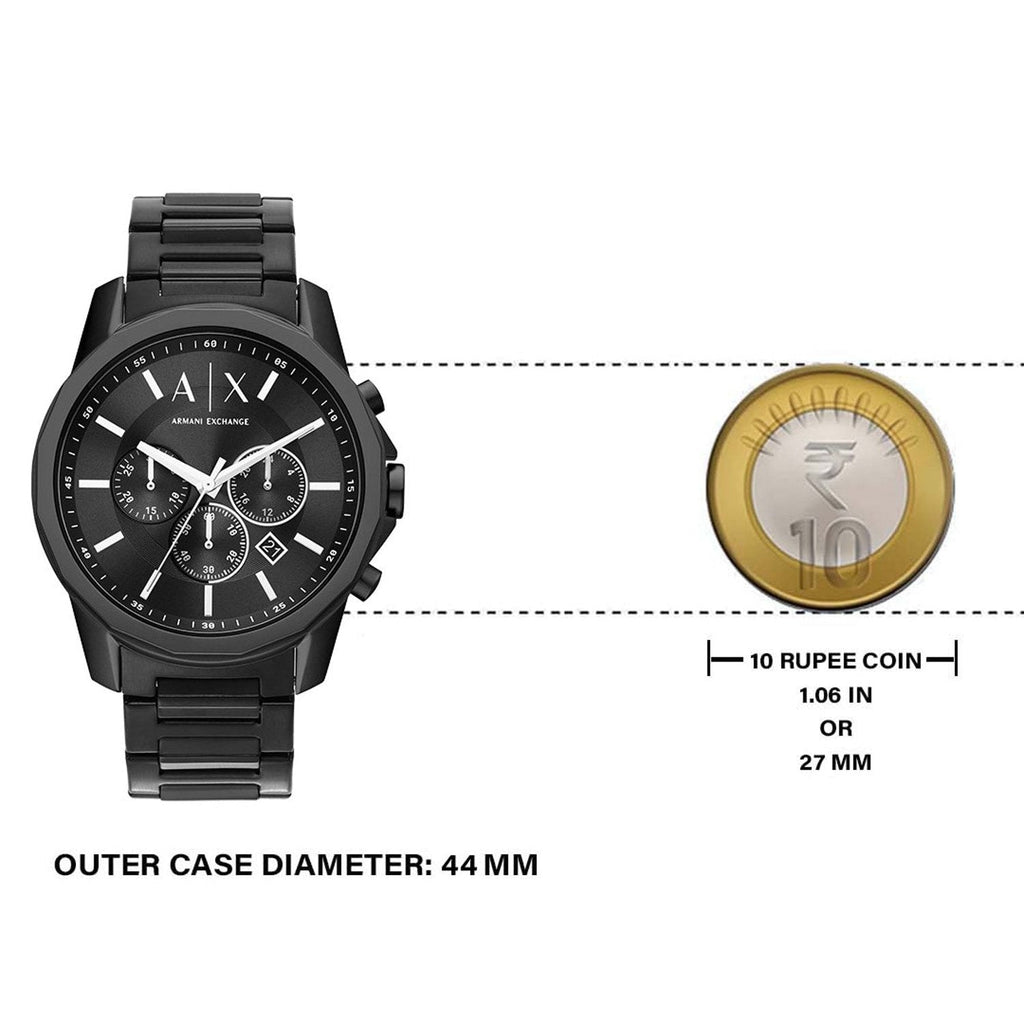 Armani Exchange men's watch next to 10 Rupee coin, 44mm case.