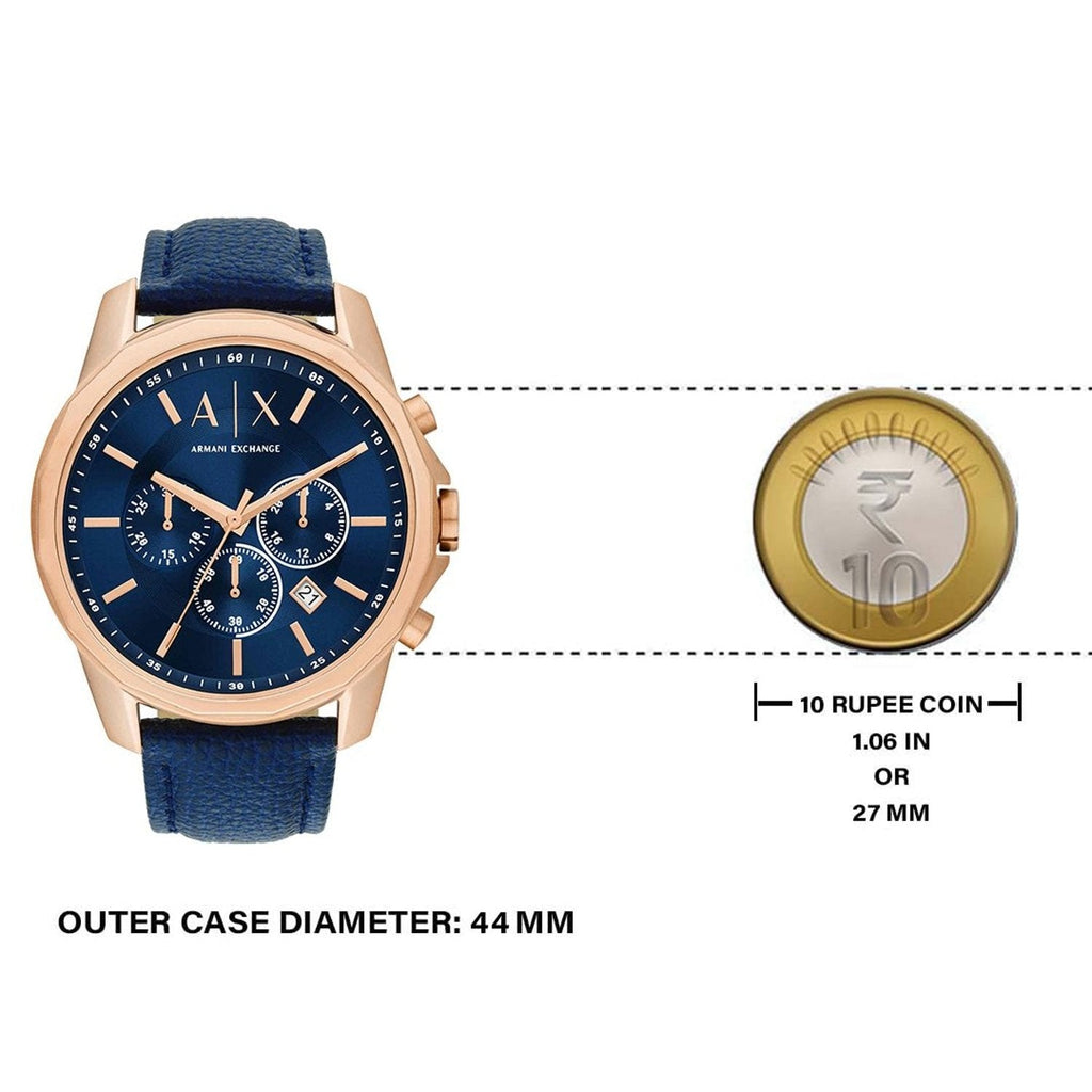 Armani Exchange watch with blue face and 10 Rupee coin comparison
