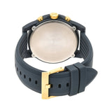 Back view of a dark blue watch with gold accents