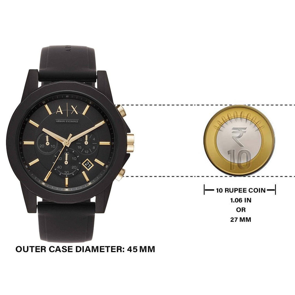 AX watch with black strap, gold accents, and 45mm case, next to 10 Rupee coin.