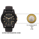 AX watch with black strap, gold accents, and 45mm case, next to 10 Rupee coin.