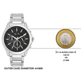AX men's watch with black dial, silver band, and 10 rupee coin comparison.