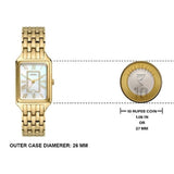 Fossil gold watch with 26mm case, compared to 10 rupee coin.