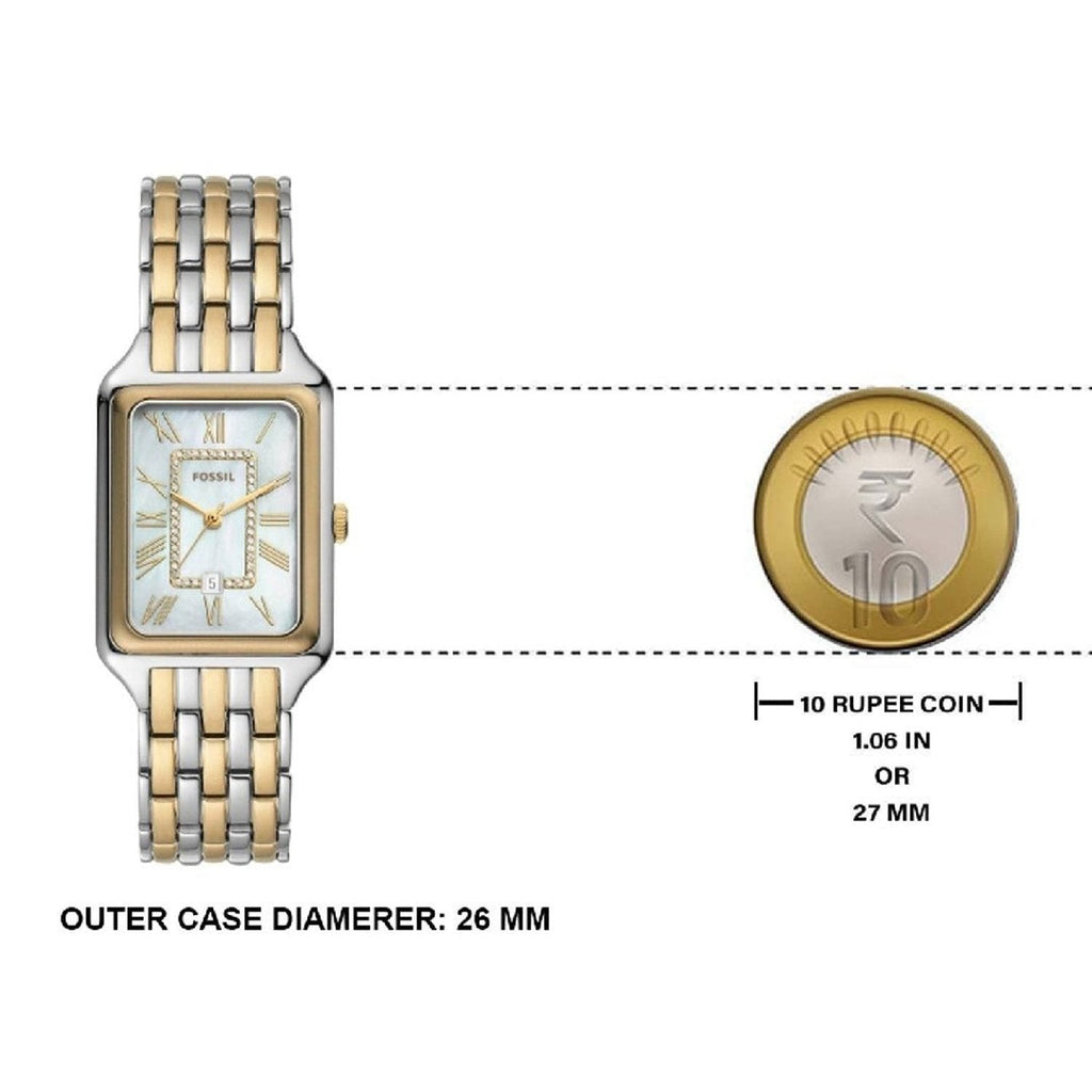 Fossil watch MP000000018779479 with 26mm case, next to 10 Rupee coin for scale.