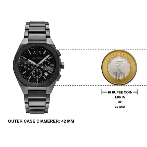 AXI black watch with 10 Rupee coin comparison, 42mm case