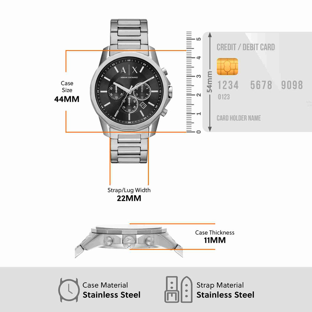 AX1720-3P Stainless Steel Watch with Dimensions and Credit Card Comparison