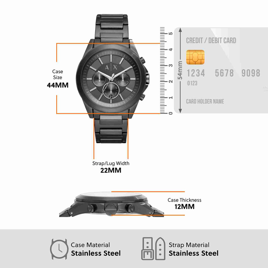 AX2601 Black Stainless Steel Watch with Dimensions