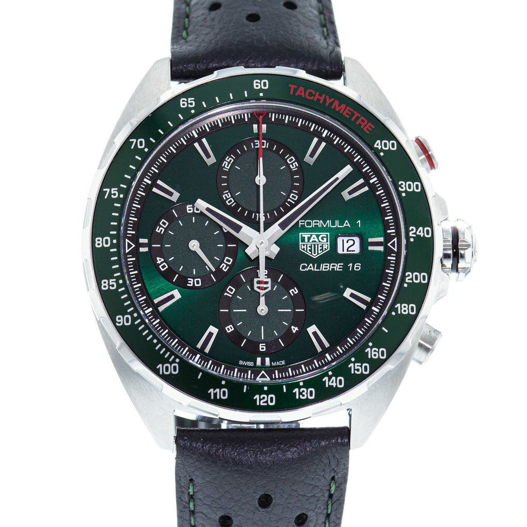 Tag Heuer Formula 1 Calibre 16 Automatic Chronograph Green Dial Black Leather Strap Watch for Men - CAZ2016.FC6473
