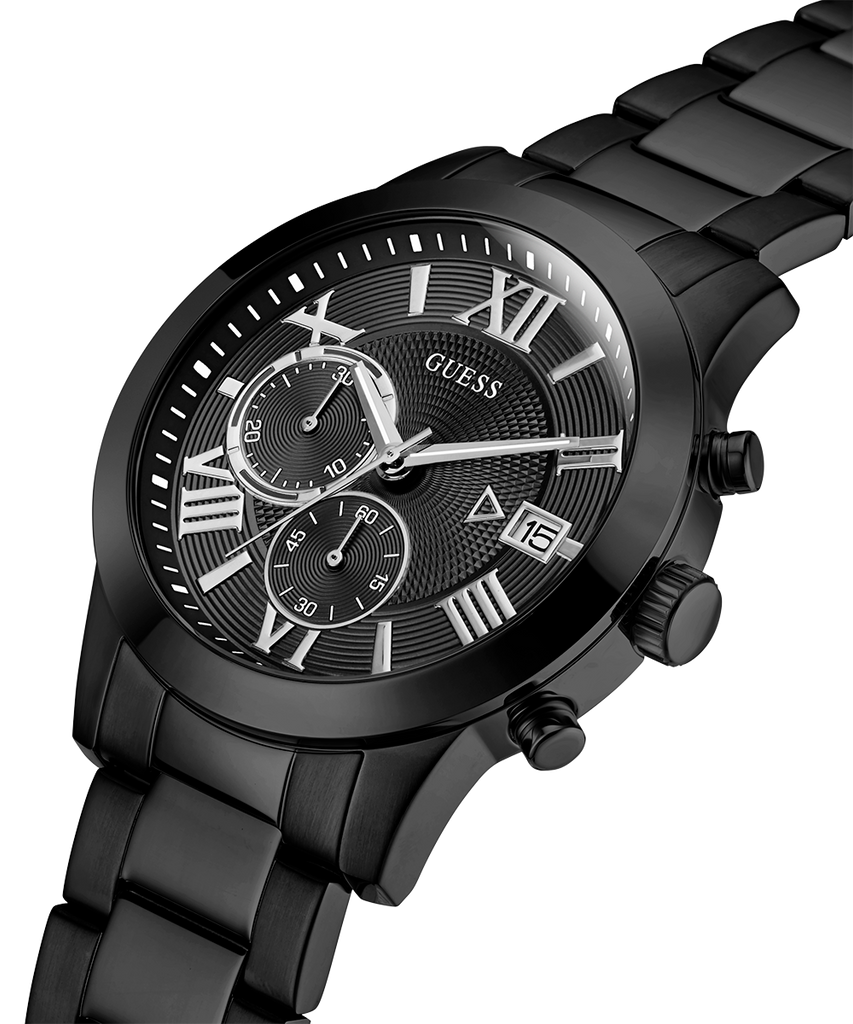 Guess Atlas Chronograph Black Dial Black Steel Strap Watch For Men - W0668G5