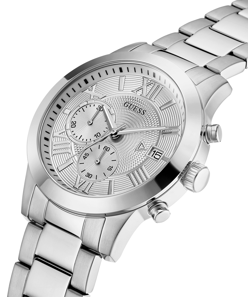 Guess Atlas Chronograph Silver Dial Silver Steel Strap Watch For Men - W0668G7