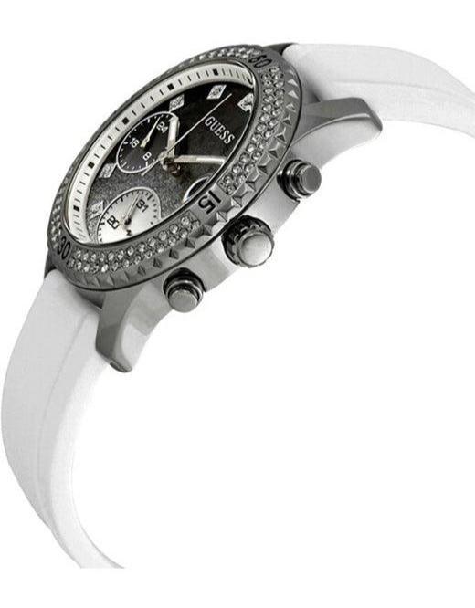 Guess Confetti Crystal Black Dial White Silicone Strap Watch For Women - W1098L1