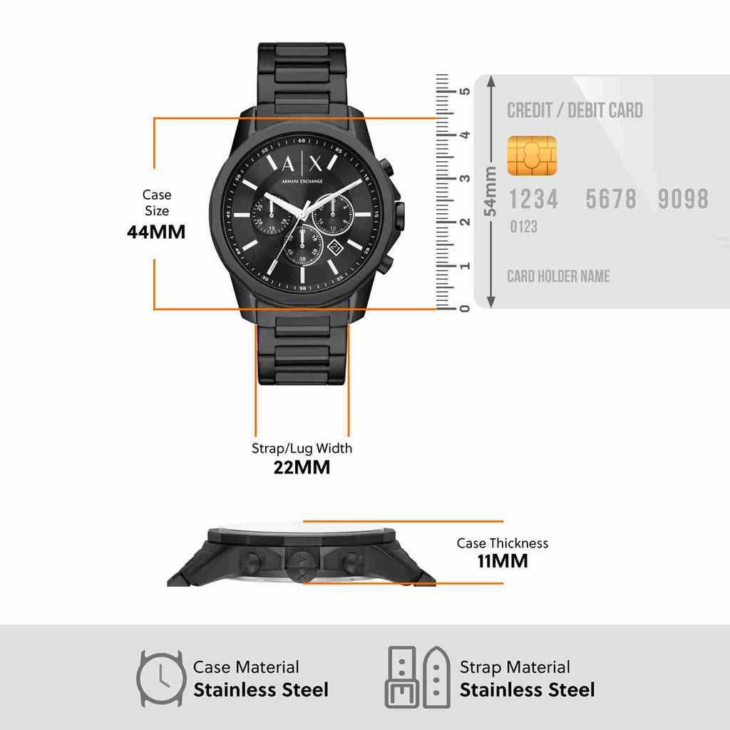 44mm case, 22mm strap, 11mm thickness.